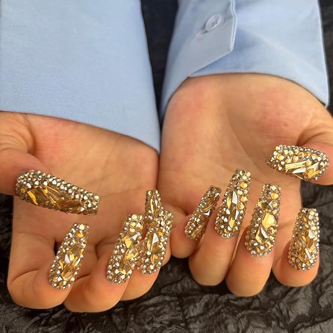 Trendy Handmade Press On Nails Long Square Shape,10Pcs Shimmery Large Acrylic Fake Nails with 3D Champagne Rhinestone Luxury Design Stick On Nail for Woman Gift