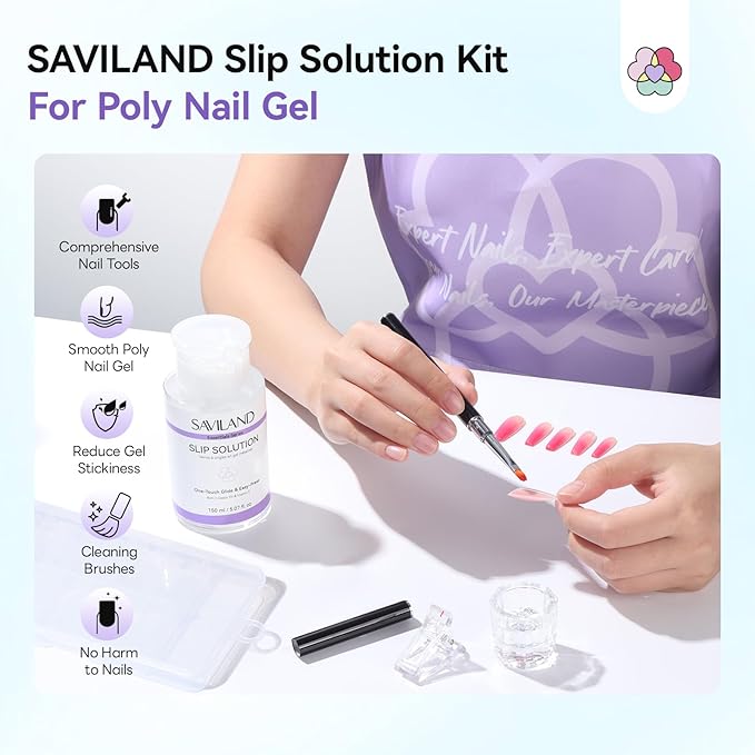 SAVILAND Slip Solution Kit for Poly Gel: 5.07fl.oz Large Anti-Stick Gel Liquid for Poly Gel, All-In-1 Nail Kit with Dual-Ended Nail Brush Dual Forms Dappen Dish for Beginners Nail Art Extension DIY
