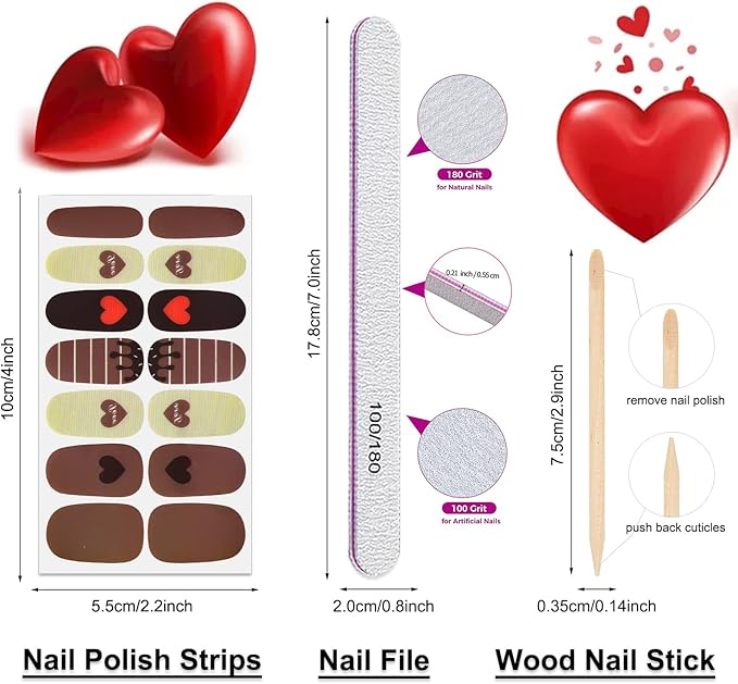 DANNEASY 16 Sheets Valentine's Day Nail Polish Strips for Women Red Nail Wraps Gel Nail Strips Self Adhesive Nail Polish Stickers Fingernails Nail Art Design with Nail File, Cuticle Stick