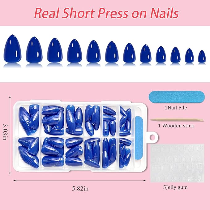 120pc Blue Almond Press on Nails Short Fake Nails Press ons for Women Acrylic Nails Press on Nails&Glue Tabs, Short Blue Press on Nails Almond False Nail Tip Stick on Artificial Fingernail