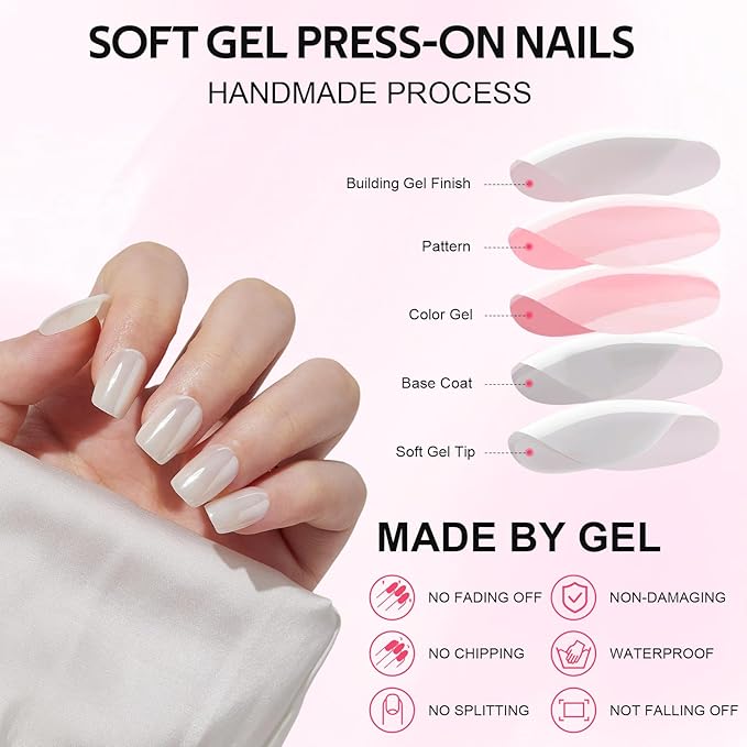 Findigit Press On Nails Short - Short Soft Gel Press On Nails with Nail Glue,Supremely Fit Natural Reusable Stick On Nails in 16 Sizes - 32 Fake Nails Kit, Glossy White