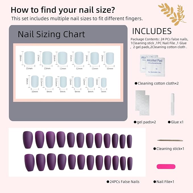 Matte Purple Press-On Nails, Oval Long Reusable Fake Nails,Easy Application Manicure Set for Work, Party & Daily Use, Perfect for Women and Students