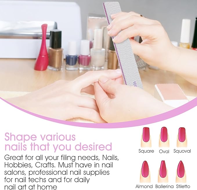 100/180 Grit Nail Files, 100 Pcs Double Sided Emery Boards, Professional Reusable Washable Manicure Tools for Acrylic, Gel, Natural Nails, Home and Salon Use, Grey