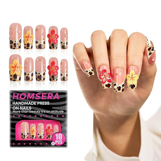 Medium Press on Nails - Handmade Acrylic Square Fake Nails Leopard Print French Tip False Nails with 3D Flower Design Medium Square Nails Press Ons Reusable Full Cover Nail for Women DIY (Size M)