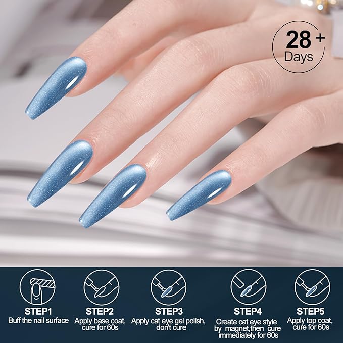 Adhere 7Pcs 12ML Cat Eye Gel Nail Polish Set, Multi Colorful Light Reflective Glitter Cat Eye, Sparkling Diamond Magnetic Shine Pearl Color Dark Cat Eye with Magnet