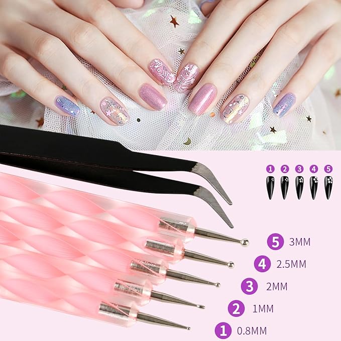 Nail Art Kit Nail Design Tools Kit Nail Art Brushes Set with Nail Stickers Nail Gems Almond Tips Nail Long Coffin False Nail Tips Nail Charms Dotting Tools Chrome Powder Nail Supplies Gifts for Girls
