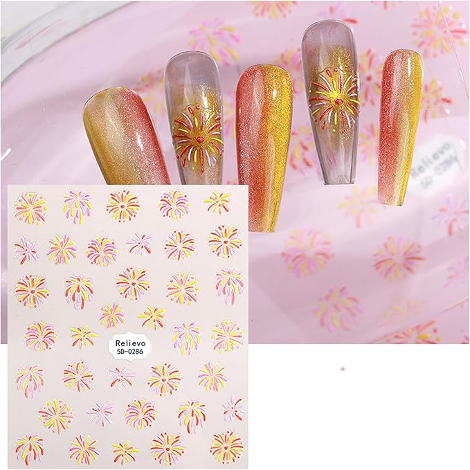 Nail Stickers Decals Fireworks 5D Nail Art Sticker Design Self-Adhesive Autumn Festival Nail Decorations(Gold)