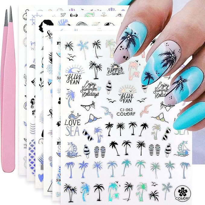 Summer Nail Art Stickers 6 Sheets Shell Nail Decals 3D Self-Adhesive Nails Design Accessories Palm Tree Jellyfish Mermaid Stickers for Women Nails Decoration