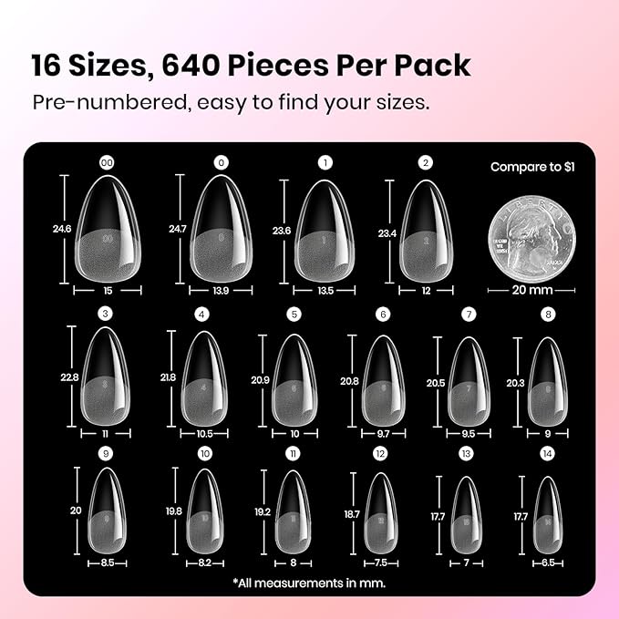 Beetles Gel Nail Tips Almond Shape Medium Curve-EX, 640pcs 16 Sizes, Etch-X Half Matte Full Cover Soft Acrylic False Nail Tips Easy DIY Press on Nail Extension Art Salon for Curved & Natural Nail Beds
