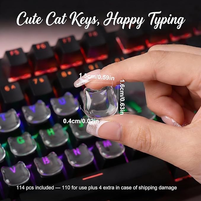 110pcs Keyboard Bubbles for Long Nails, Ergonomic Height Raised Glass Cat-Head Key Covers, No-Residue, Reusable, Easy to Apply, for Desktop Keyboards, External Keyboards, Calculators