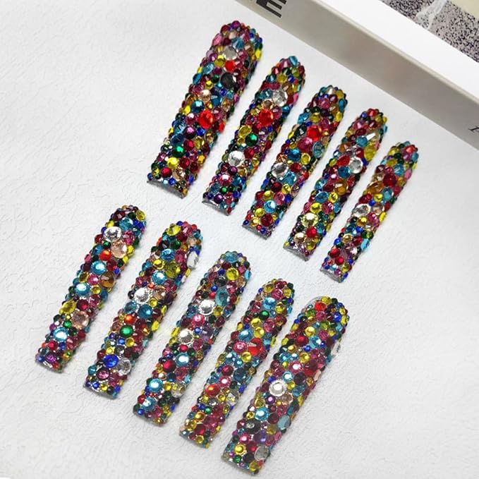 2025 Long Nail Designs Reusable PMMA Acrylic Baroque Glass Style Press-on Nails With Box Gifts for Women (Mosaic Mirage 45, Long)