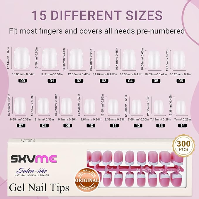 Gel French Tip Nails Short Square Press on Nails White 300Pcs Pre-applied Tip Primer Natural Pink Fake Nails Extensions Kit for Women Girls DIY