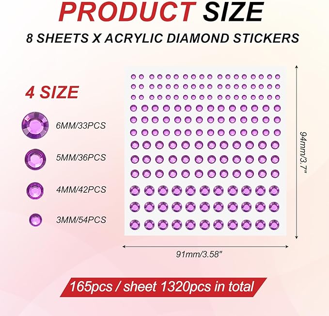 PATIKIL 1320 Pcs Acrylic Gem Sticker, 4 Size 3/4/5/6mm Self Adhesive Rhinestones Face Gem Stones Bling Jewelry for Nail Art Craft Clothes DIY Makeup Decoration Party, Purple