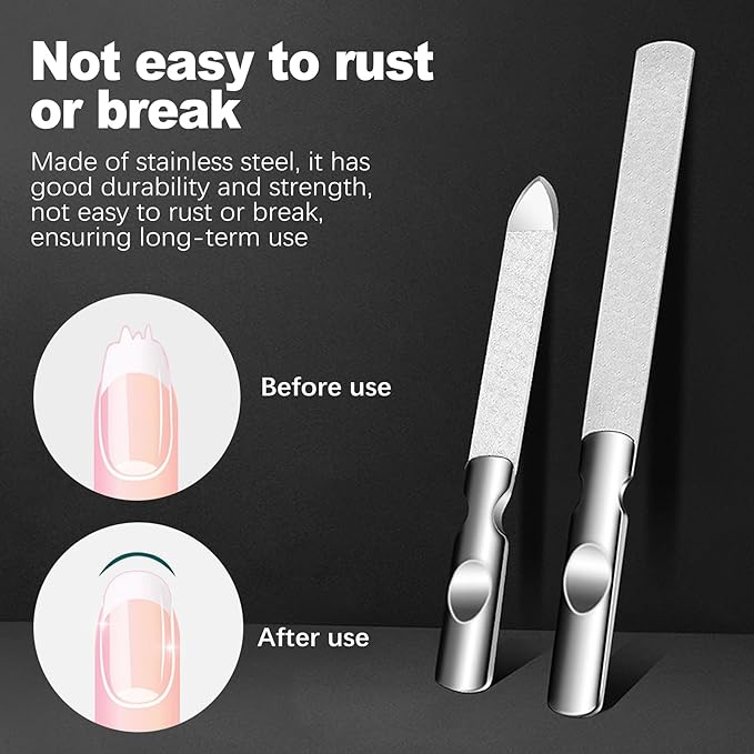 CoguZed 2 PCS Stainless Steel Nail File, Double Sided Metal Nail Files for Natural Nails, Heavy Duty Reusable Fingernail & Toenail File for Men & Women, Salon & Travel Use