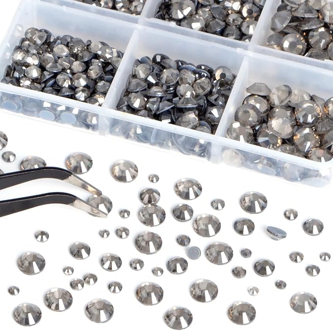 Bymitel Hotfix Crystal Rhinestones Round Gems for Crafts,Mixed 6 Sizes with Wax Pencil Kit, Black Diamond 1.6-6.3mm SS4-SS30/8000pcs