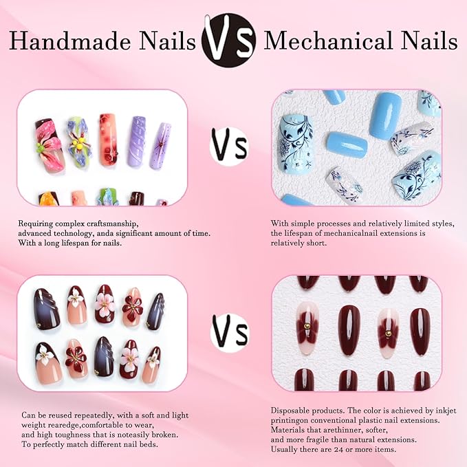 10 Pcs Handmade Press on Nails Medium Duck Fake Nails with Glue,Butterfly Rhinestone Rose Pink False Nails with 3D Flower Designs Thick Acrylic Reusable Stick on Nails for Women Girls（Size M）