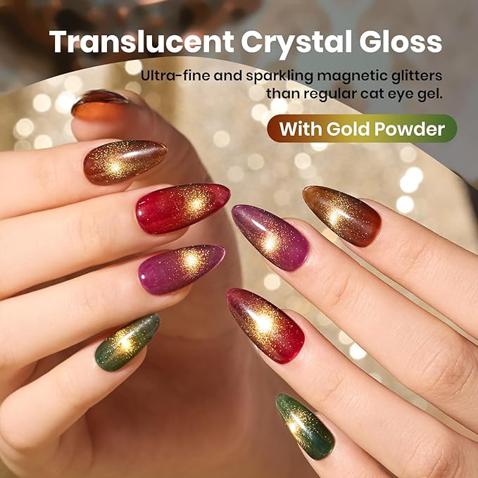 Beetles Gilded Lull Cat Eye Gel Nail Polish Set - 6 Colors Jelly Red Green Brown Purple Silver Cat Eye Glitter Gel Nail Kit Gold Powder Magnetic Soak Off UV Salon DIY Manicure Christmas Gift for Women