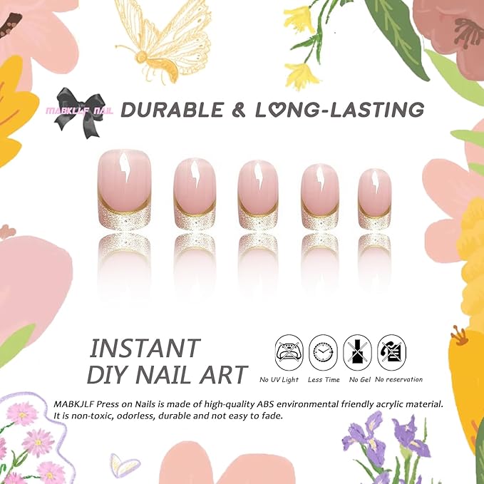 French Tip Press on Nails Medium Square MABKJLF Nude Pink Fake Nails False Nails with Designs Glittery Natural Nails Full Cover Glossy Glue on Nails Acrylic Nails for Women Girls 24Pcs