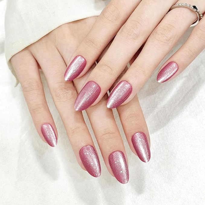 Pink Almond Cat Eyes Press On Nails,12 Sizes - 24 Pcs Soft Gel Pink Medium Fake Nails Kit with Nail Glue, Natural Reusable Stick On False Nails for Women and Girls SK1028