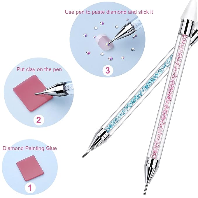 2 Pieces Rhinestone Picker Dotting Pen, Dual-ended Rhinestone Gems Crystals Studs Picker Wax Pencil Pen Crystal Beads Handle Manicure Nail Art DIY Decoration Tool (Light Blue Pink)