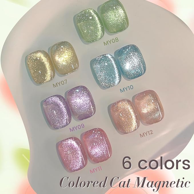 Born Pretty Cat Magnetic Eye Gel Nail Polish Spring Summer Pastel Shimmer Glitter Holographic Cat Magnetic Eye Gel Crystal Glass Cat Magnetic Gel Polish Manicure Nail Art DIY at Home 6PCS