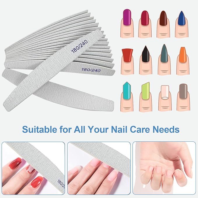 Nail Files (12 Pack), 180/240 Grit Wooden Emery Board Nail File Double Sided Wood Emory Fingernail Files for Natural Nails Professional Reusable Manicure Pedicure Curved