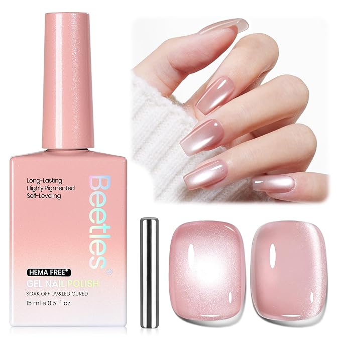 Beetles Blushing Haze Pink Cat Eye Gel Nail Polish - 15ML Valentines Gel Polish Glitter Pink Cat Eye Magnetic Translucent Glassy Effect Soak Off UV French Nail Art Manicure Gift for Wome