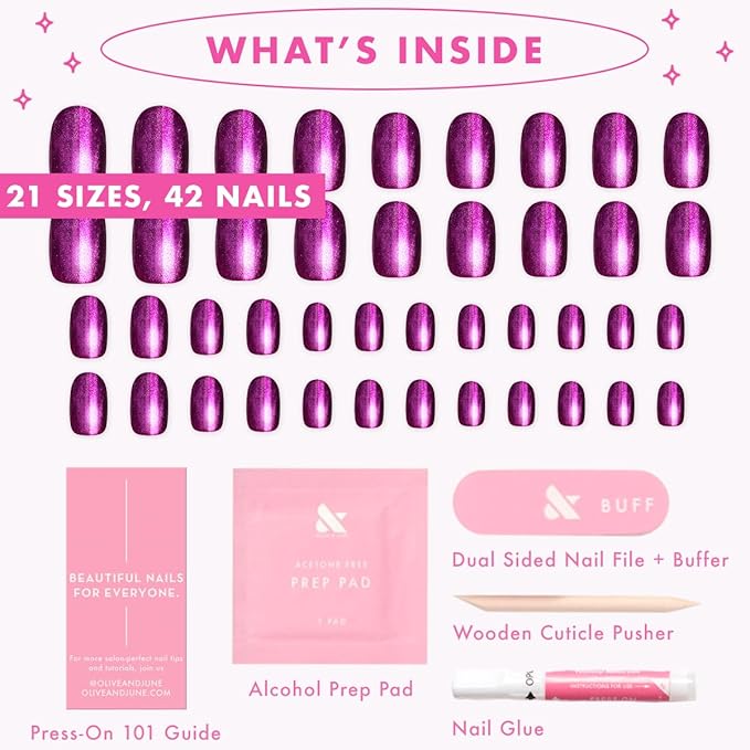Olive & June Instant Mani Press-On Nails (Glue) | 42 Fake Nails, 21 Sizes | Non-Toxic, Long-Lasting Recycled Materials Realistic Look | Salon-Quality at Home | Extra Short, Round | Plaza Velvet
