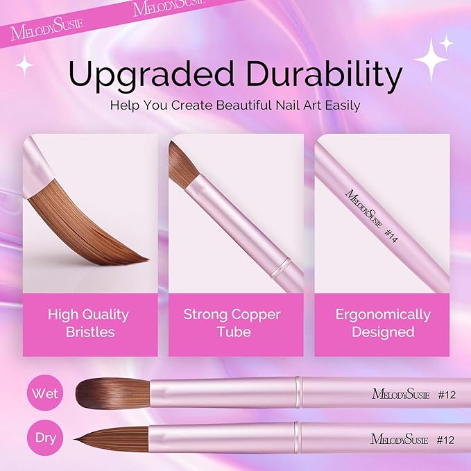 MelodySusie 4Pcs Acrylic Nail Brush Set, Size 8/12/14/16 Professional Nail Brushes for Acrylic Powder Nail Extension and 3D Nail Carving for DIY Home Salon