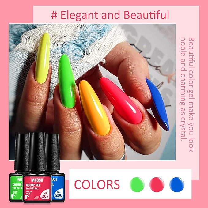 MTSSII Neon Gel Nail Polish Set, 8 Colors Hot Pink Orange Yellow Green Blue Red Neon Pastel Color Spring Summer Nail Polish Kit Fluorescent Gel Polish Set for Home DIY Manicure Nail Salon