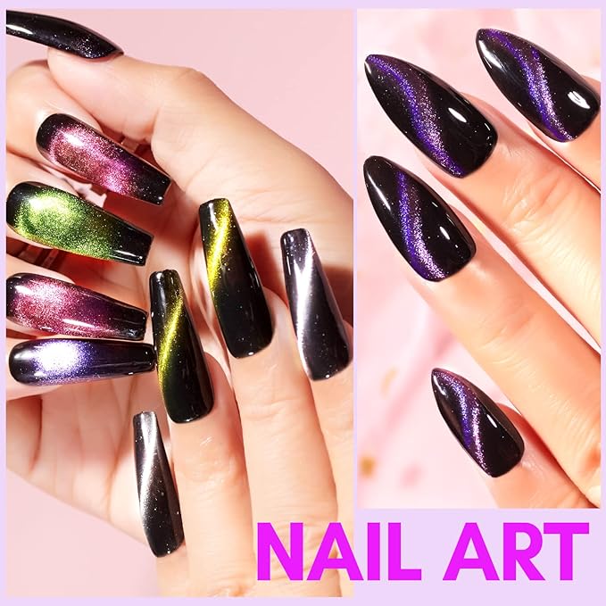 Makartt 9D Magnetic Cat Eye Gel Nail Polish Set, 6 Colors (Yellow, Purple, Silver, Rose Red, Green, Black Hole Effect) with Magnet Stick, 8ml – Soak Off DIY Manicure & Nail Art Supplies