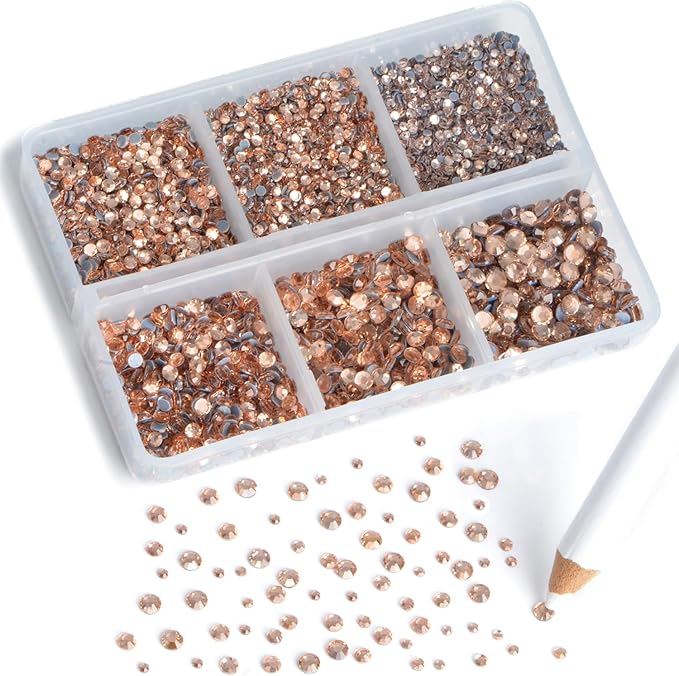 8000pcs Hotfix Rhinestones Flatback,Rhinestones for Crafts Clothes Mixed 6 Sizes, Hotfix Crystals with Wax Pencil Kit, SS3-SS12,Lt.Peach