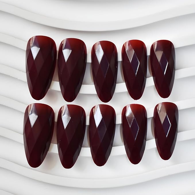 Press on Nails Medium Almond Fake Nails Dark Red Artificial Nail with Diamond Designs Stick on Nail for Women 24pcs
