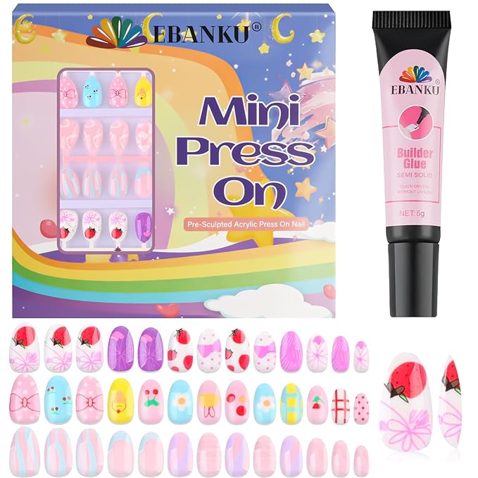 78PCS Kid Press on Nails, EBANKU 3 Pack Children Fake Nail Kit Full Cover Short False Fingernails with Nail Glue for Girl Nail Decoration (Bow Tie Strawberries)
