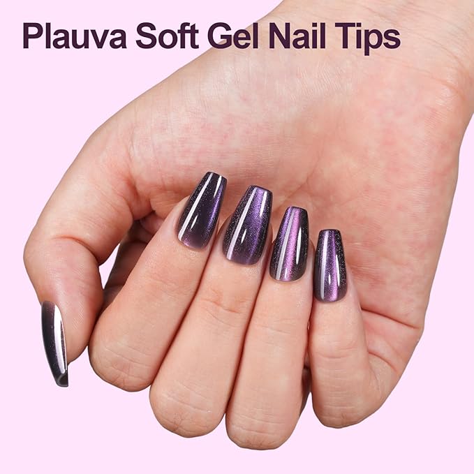 Cat Eye Press on Nails, 300Pcs Short Coffin Cat Eye Nail Tips, Glossy Glitter Soft Gel Fake Nails for Women and Girls Stick On Nails in 15 Sizes