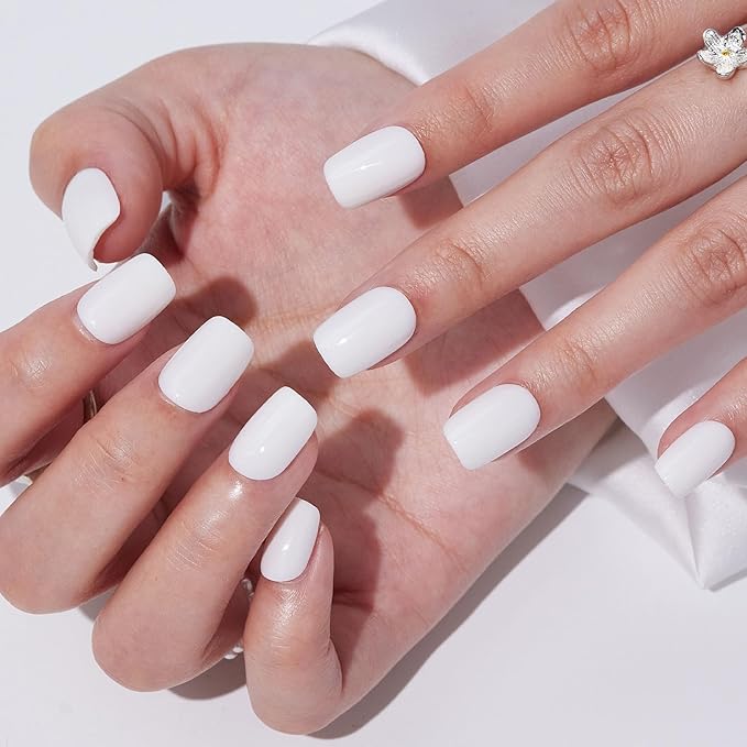 Press On Nails - Findigit Short Square White False Stick Glue On Nails, Reusable Stick On Fake Nails with Glue Salon Quality 16 Sizes - 32 Nail Kits, White Swan