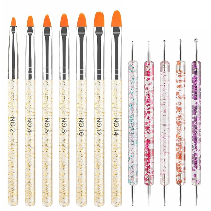 JEONEKID 12Pcs Uv Gel Nail Brush and Dotting Pen Set – 7pcs Nail Art Brushes (No.2-14) + 5 Double-End Dotting Tools for Acrylic, Gel Polish, DIY Manicure Design