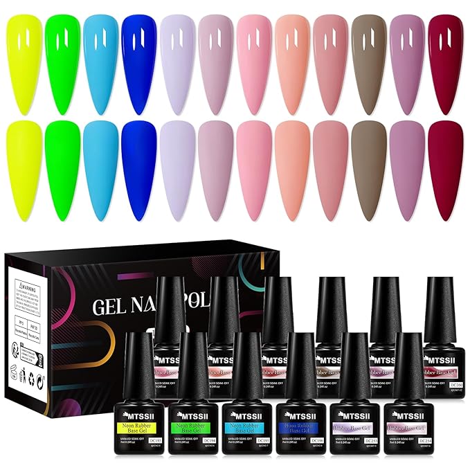 MTSSII Rubber Base Gel Set, Soak Off U V LED Hema Free Clear Sheer Nude Pink Neutral Gel Nail Polish Blue Green Strengthen/Apex Building/Enhance/Reinforced Builder Gel 12 PCS