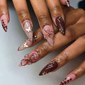 Long Press on Nails Stiletto Fake Nails with Flower Golden Beads Lines Butterfly Charm Designs Brown Nude Full Cover Glue on Nails Press ons Acrylic Glossy Stick on Nail for Women 24 Pcs