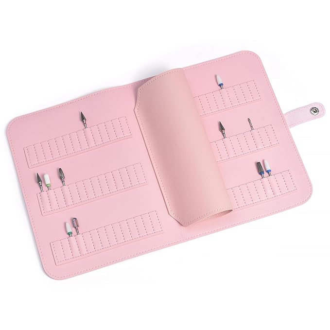 Nail Drill Bits Holder Portable PU Leather Nail Drill Bit Storage Bag 84 Holes Nail Bits Displayer Organizer Large Space Snake Print Nail Drill Bit Organizer (Drill Bits Not Included) (Pink)