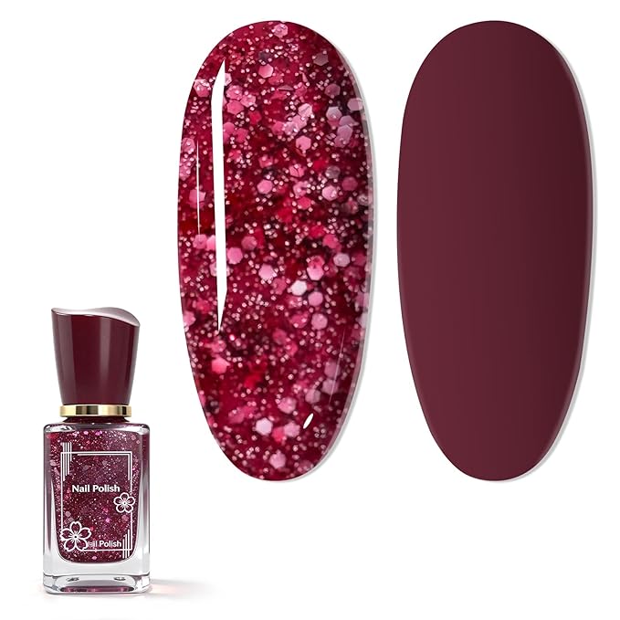 Glitter Red Nail Polish, 14 ML Quick Dry Nail Polish for Nail Art DIY Manicure at Home, Chip Resistant Nail Lacquer for Nail Art Varnish, Long Lasting, BOG130