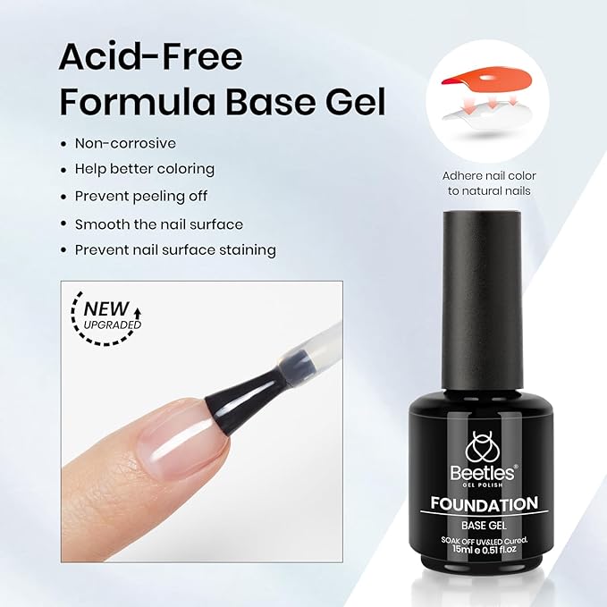 Beetles Builder Nail Gel & Top Coat and Base Coat Set-3Pcs 15ml White Gel Nail Polish Strengthener Gel Polish Soak Off UV LED for Nail Extension, Nail Repair, Shine Effect Long Lasting
