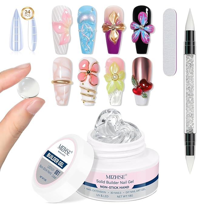 MIZHSE Clear 3D Gel Nail Art Solid Builder Gel for Nails, 5 in 1 Non-Sticky Sculpture Hand Carving Nail Extension Gels with 24pcs Dual Form for 3D Patterns Flowers for Beginner DIY Salon at Home