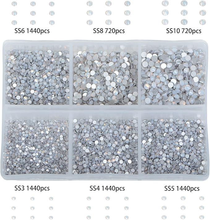Bymitel 7200 Pieces 6 Mixed Sizes Glue Fix on Glass Rhinestones Round Crystal Gems Flatback for DIY Jewelry Making with one Picking Pen(6-Sizes 7200PCS, White Opal)