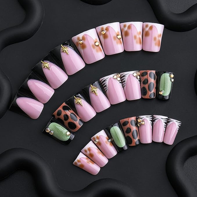 Duck Press on Nails French Tip Fake Nails Leopard Print Glue on Nails with Rhinestone Design Glossy Full Cover Reusable Artificial Acrylic Star Stick on Nail for Women Manicure 24Pcs