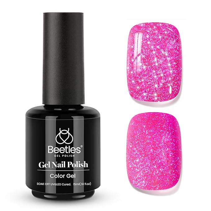 Beetles Glitter Gel Nail Polish - 15ML Hot Pink Reflective Diamond Color Soak Off Sparkle Gel UV Nail Lamp Nail Art Manicure Salon DIY at Home Gifts for Women