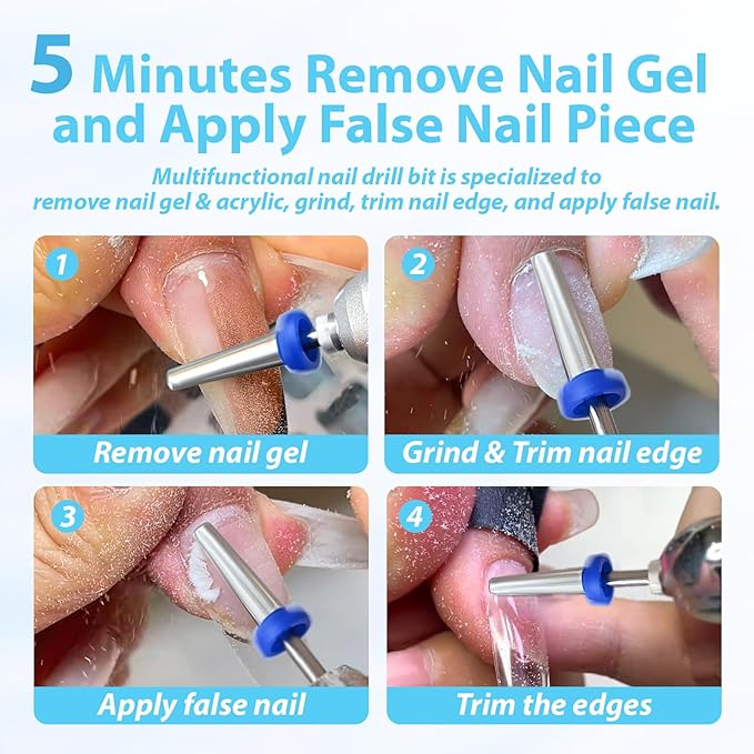 16mm Long Tapered Barrel Nail Drill Bit, 3/32” Safety Tungsten Carbide E-File Bit for False Nail Application, Press-On Tip Apply Nail Extension, Gel & Acrylic Removal, Two-Way Rotation, Extra Coarse.