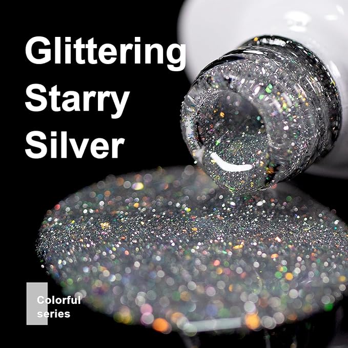 RARJSM Reflective Glitter Gel Polish Silver Sparkling Glitter Iridescent Shimmer Gel Nail Polish Sparkle Diamond Holographic Gelpolish Soak off Nail Art Varnish Manicure for Salon DIY at Home