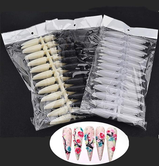 3 Pack Total 720 Tips Mixed Color Nail Tips Short Stiletto False Nails Pointed Sharp Fake Nails for Daily Wear On the Nail Tree Black/Clear/Natural Nail Art Supplies Nail Display Tips for Practice