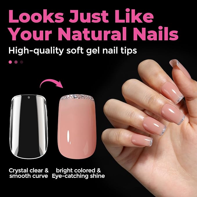 UNA GELLA Short Square Nail Tips 216pcs Short Square Gel Tips 12 Sizes Press On Nails Full Cover Clear Fake Nails Extension for Home DIY Nail Salon